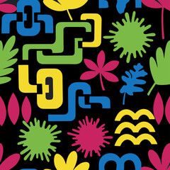 Bold and playful seamless pattern combining abstract geometric shapes, organic leaves, and paint splatters in vibrant primary colors on a black background.