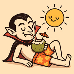 A cute cartoon vampire in beach shorts sipping coconut juice under a smiling sun.