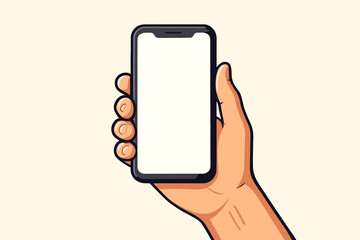 Hand holding smartphone with blank empty screen. Vector cartoon illustration mockup for mobile app presentation. Modern phone device with display held up for ui design.