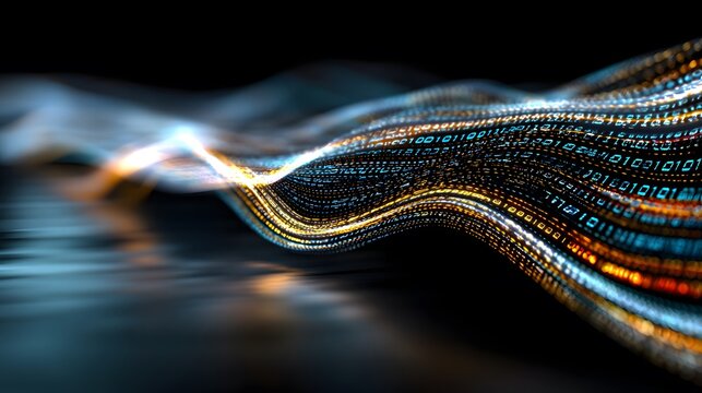 Digital wave of binary code on dark background