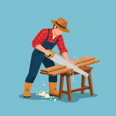 Carpenter Sawing Wood with Hand Saw Outdoor Making Furniture