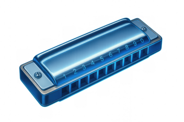 Close-up of a glossy blue harmonica featuring numbered holes, set against a transparent background