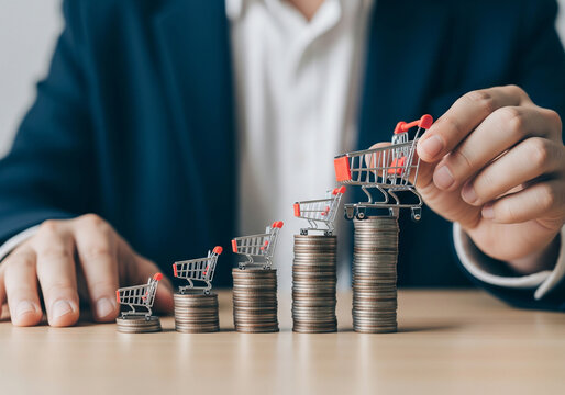 Professional businessman in a blue suit is arranging small red shopping cart on top of stacks of gold coins, concept growth in sales or investments.