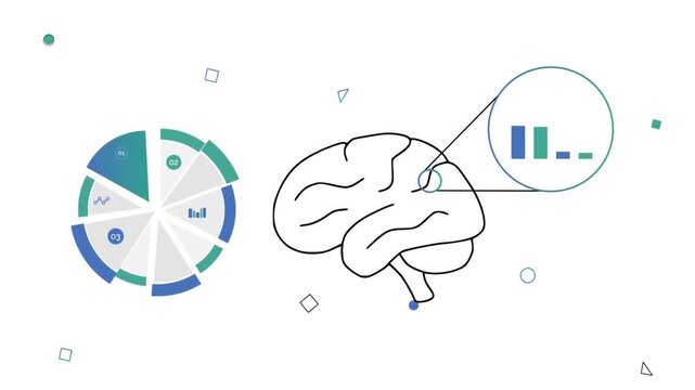 Mind and data visualization concept with animated brain, charts, and graphs showing artificial intelligence idea