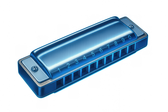 Close-up of a glossy blue harmonica featuring numbered holes, set against a transparent background