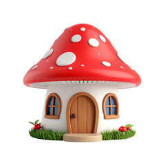 Charming 3D Mushroom House on Green Grass, Isolated on Black