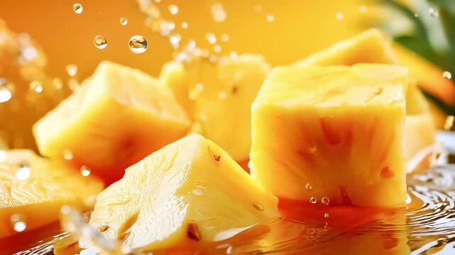 Fresh pineapple chunks splashing in water, creating dynamic droplets and vibrant colors, showcasing the juicy texture and tropical essence of fruit