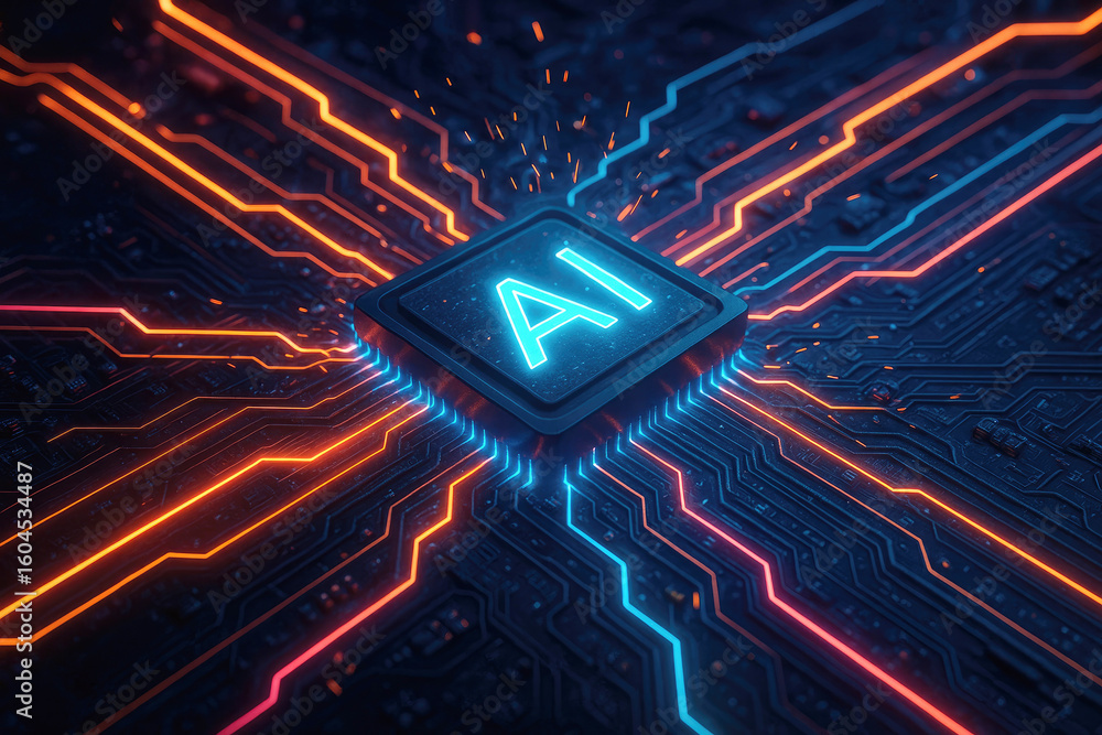 Aufkleber glowing ai processor circuit board with neon light traces ai chip technology