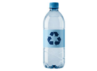 Clear plastic bottle of water with a recycling symbol label