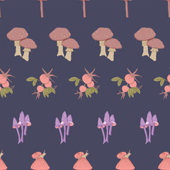 Whimsical Forest Seamless Vector Pattern with Mushrooms, Leaves and Woodland Animals