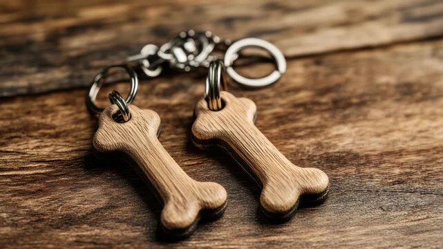 Two wooden bone-shaped keychains with metal rings on surface