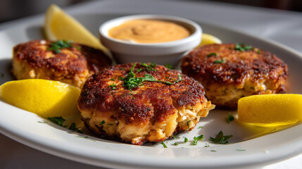 Maryland crab cakes with lemon wedges and dipping sauce
