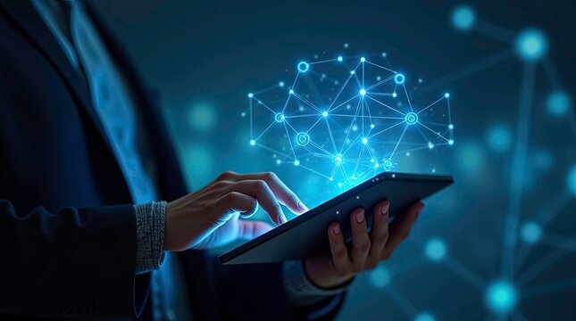 Hands holding a tablet with glowing lights, rays, Abstract concept of global network connection concept,
