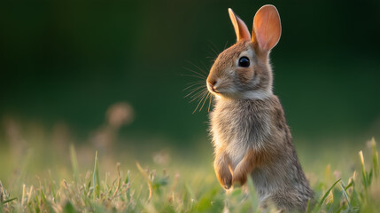Bunny standing on hind legs in green field
