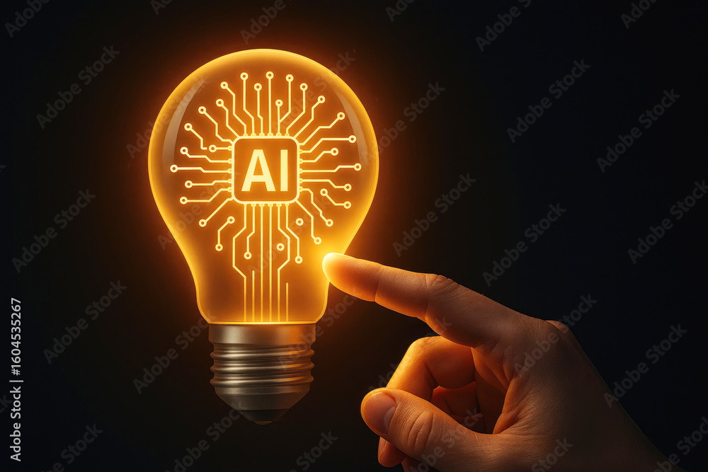 Poster glowing lightbulb with ai circuit board and fingertip artificial intelligence technology