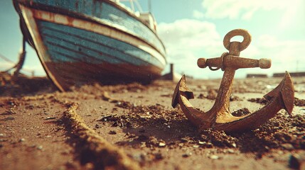 An aged anchor rests on the sandy shore.