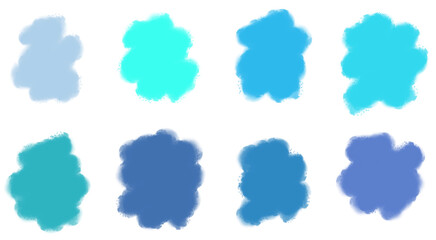 Abstract blue watercolor spots, artistic paint swatches colorful brush strokes in shades of blue