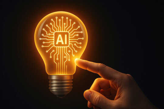 Glowing lightbulb with AI circuit board and fingertip artificial intelligence technology
