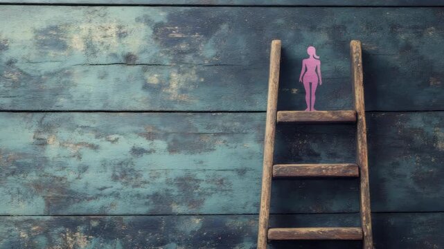 Wooden ladder against rustic wall with pink cutout figure