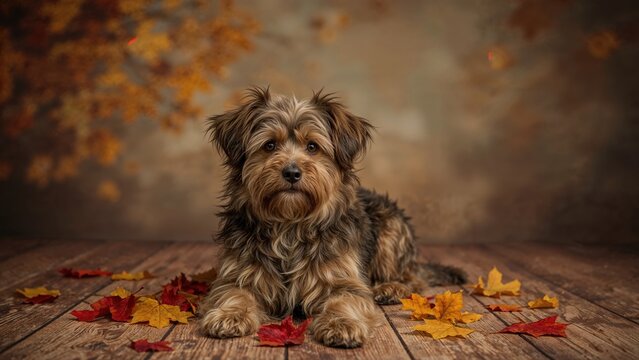 Indoor portrait of a charming dog surrounded by fall elements.