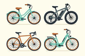 Bicycle collection vector set. Four bikes including electric e-bike, classic city bike and sport road bike. Healthy lifestyle and eco friendly transport concept. Flat icon.