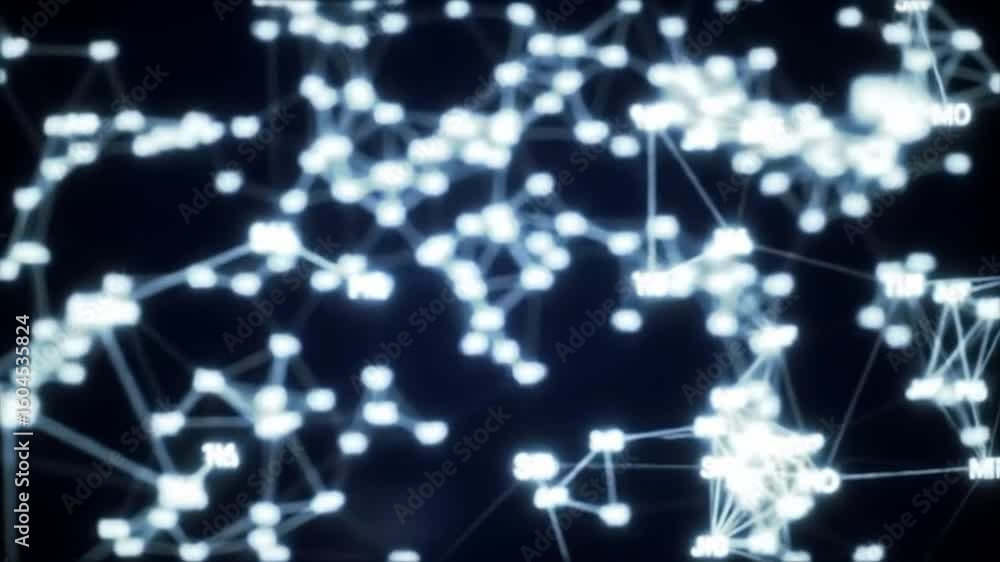Poster networked connections glow against the dark, with nodes and lines forming a complex web. many nodes 