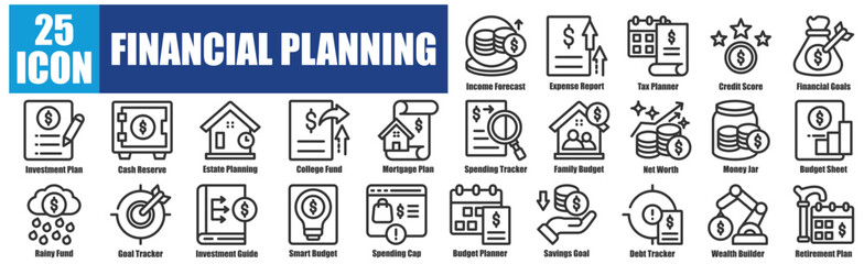 Financial Planning icon pack collection set Income Forecast, Expense Report, Tax Planner, Credit Score, Financial Goals, etc.