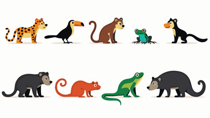 Fototapeta premium Colorful flat vector cartoon animal silhouettes collection – cute wild, domestic, aquatic, jungle, fantasy, and forest animals in minimalist kid-friendly style on white background