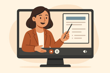 Woman teacher on computer screen leading an online class. Webinar, e-learning, and video conference concept. Female coach giving a virtual presentation or business training.