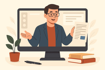Webinar and online course concept. Man on computer screen in a virtual meeting giving an internet presentation or lecture. E-learning, remote work, and distance education.