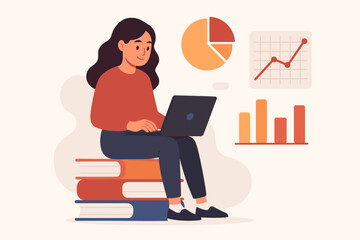 Financial education and data analysis concept. Woman with laptop sitting on books. E-learning, online course, webinar. Student studies business analytics, investment.