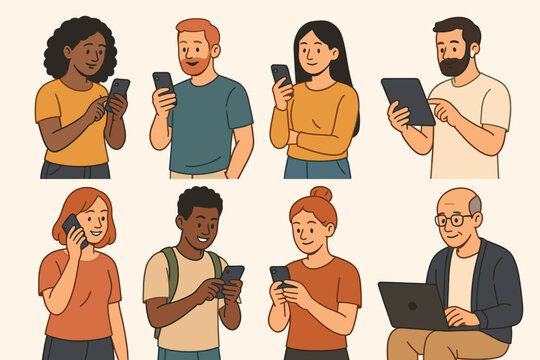 Vector set of diverse people using phones and devices. Men and women characters looking at smartphones, tablet, laptop. Concept for communication, social media, screen time.