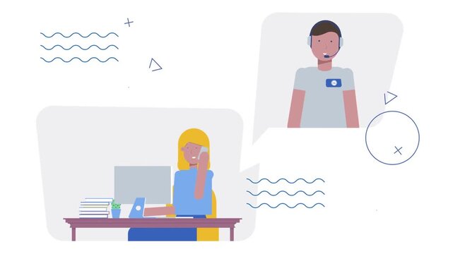 Animated woman using smartphone for communication and productivity while multitasking in digital workspace