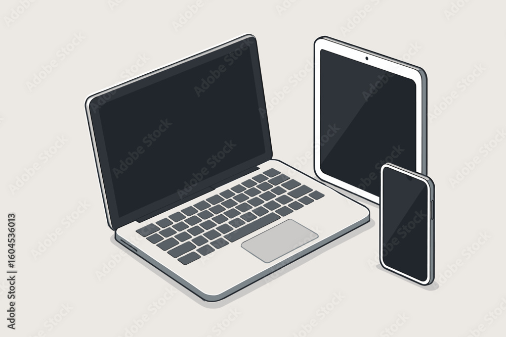 Poster isometric device setup with laptop, tablet, and smartphone. modern digital technology concept. respo