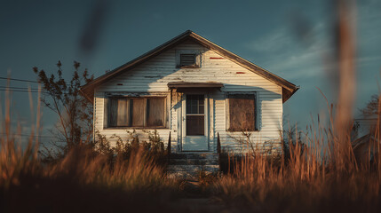 Obraz premium Boarded-up abandoned house with broken windows 