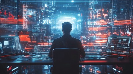 Person looking at multiple computer screens displaying data streams.