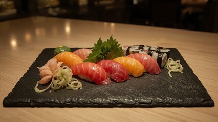 A beautifully arranged sushi platter on a black slate plate, featuring colorful pieces of nigiri, sashimi, and maki rolls, garnished with pickled ginger,