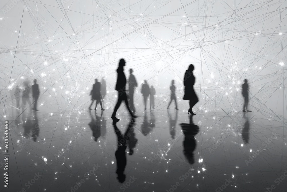 Poster silhouette of people walking in abstract network design with interconnected lines and dots represent