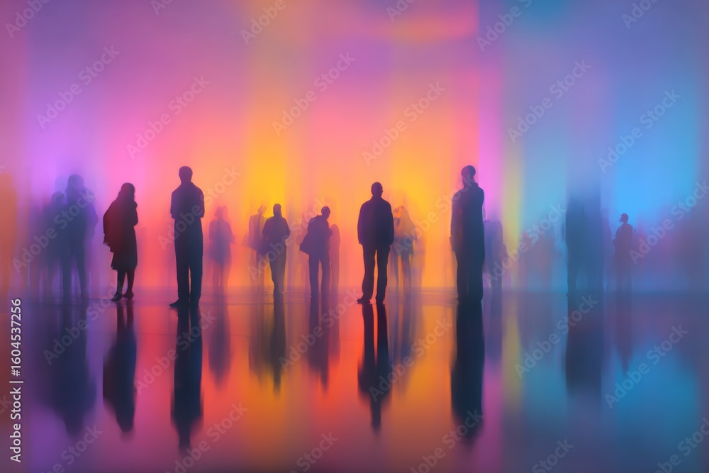 Poster silhouetted figures standing in a vibrant, colorful light display creating an abstract atmosphere in