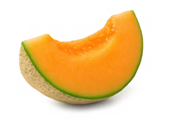 Ripe cantaloupe slice displaying vibrant orange interior, green rind against transparent backdrop