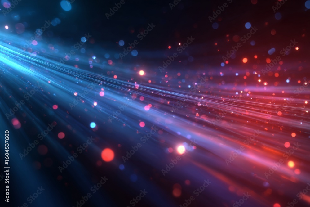 Poster vibrant abstract digital background with rays of light and glowing particles in blue and red hues fo