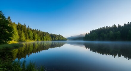 Obraz premium Serene Morning Reflection, Lake, Forest, Nature Photography, Tranquil Environment, Wide Angle View, Clean Air Concept