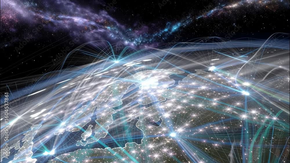 Poster dynamic visualization of europe with a stellar background and glowing connections