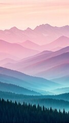 Obraz premium Colorful mountain layers receding behind evergreen forest silhouettes under warm sunset glow