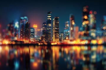 Obraz premium Abstract cityscape with blurred lights and skyscrapers, depicting urban nightlife and vibrant colors in a dynamic metropolitan environment