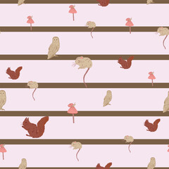 Whimsical Forest Seamless Vector Pattern with Mushrooms, Leaves and Woodland Animals