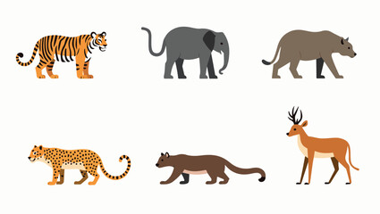 Naklejka premium Colorful flat vector cartoon animal silhouettes collection – cute wild, domestic, aquatic, jungle, fantasy, and forest animals in minimalist kid-friendly style on white background