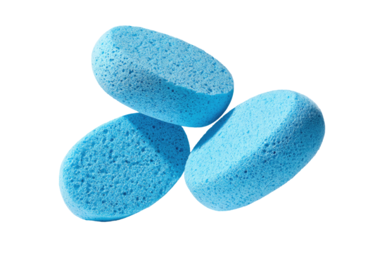 Three light-blue, oval-shaped sponges, slightly overlapping