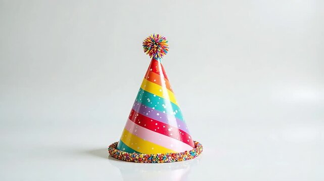 Let the fun begin celebrating colorful birthday party with rainbow striped hat and sprinkles video clip