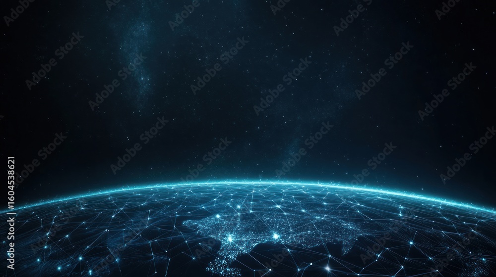 Aufkleber digital globe with glowing blue continents at the bottom of the image space interconnected technolog